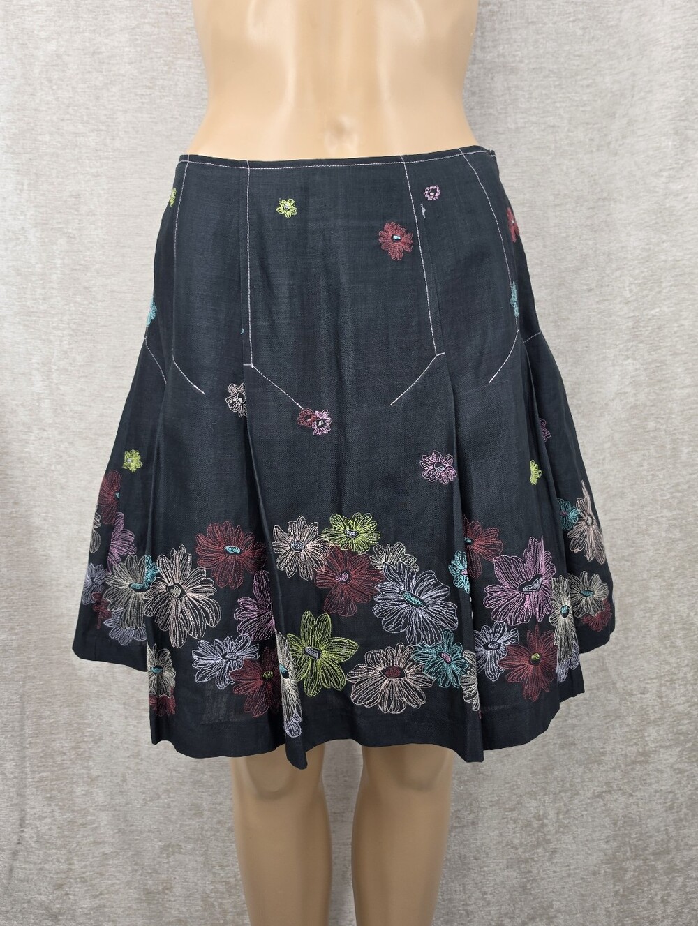 Black Linen Pleated Short Skirt Colorful Embroidered Flowers By Anne Carson